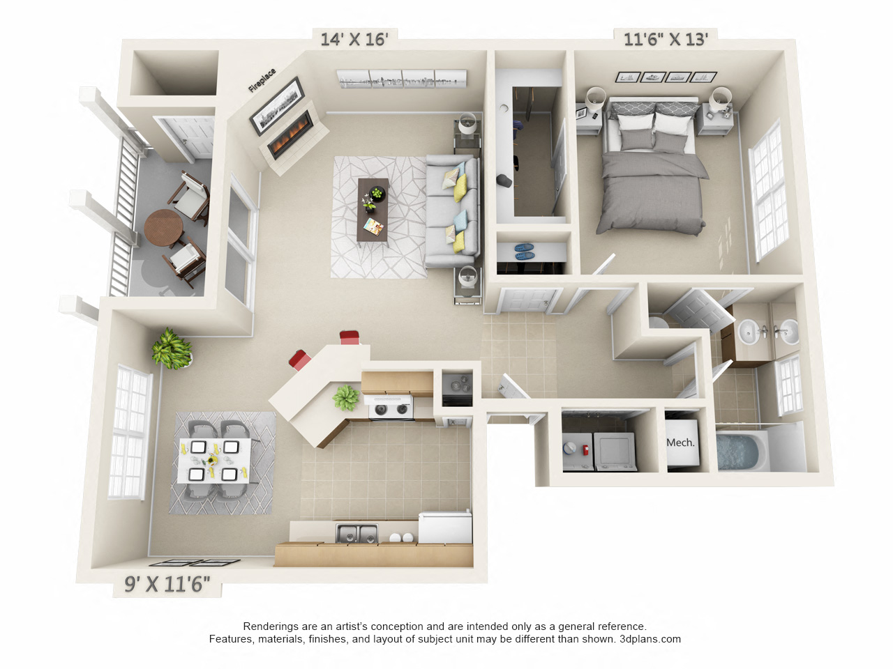 Floor plan for 1 bed, 1 bath, 852 sqft